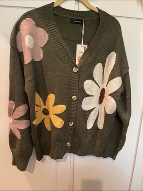 Olive Floral Button-Front Sweater Cardigan